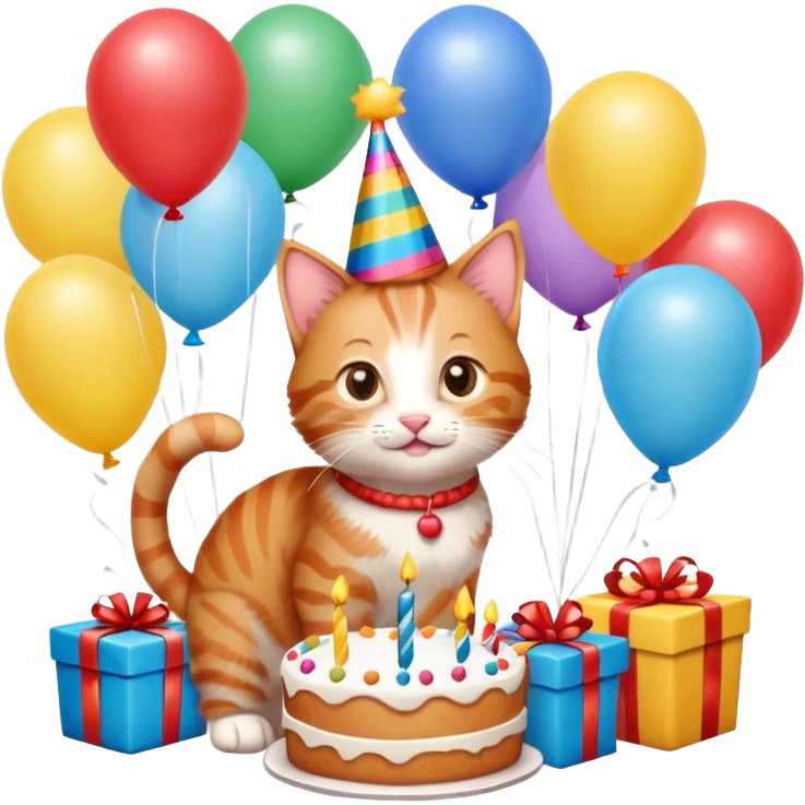 Ginger tabby kitten birthday, birthday hat, birthday cake, balloons, happy, gifts emoji
