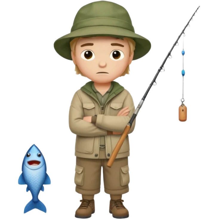 A boy with crossed arms, looking annoyed, dressed in fishing clothes full body emoji