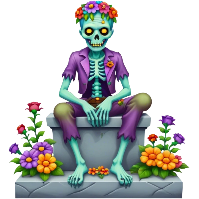 Cinematic ultra detailed 32k HD Psychedelic colored hippie style zombie with flowers sitting on a tombstone emoji