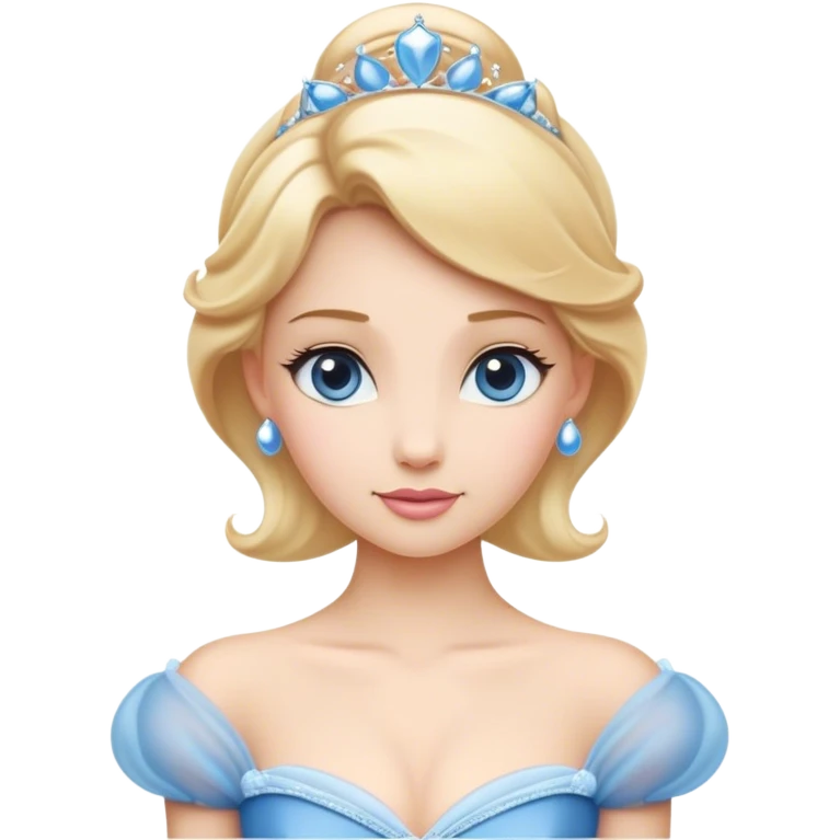 Cinematic Elegant Cinderella Portrait Emoji, rendered in a flat, vector-style with minimal shading and bold, simplified shapes. Depict Cinderella in her classic ball gown (chest and above) with fair, porcelain skin and elegantly styled blonde hair, her eyes soft and kind, and her expression serene and graceful. The design glows with a gentle, enchanting radiance and high shine, capturing the timeless beauty of a fairy tale princess. emoji