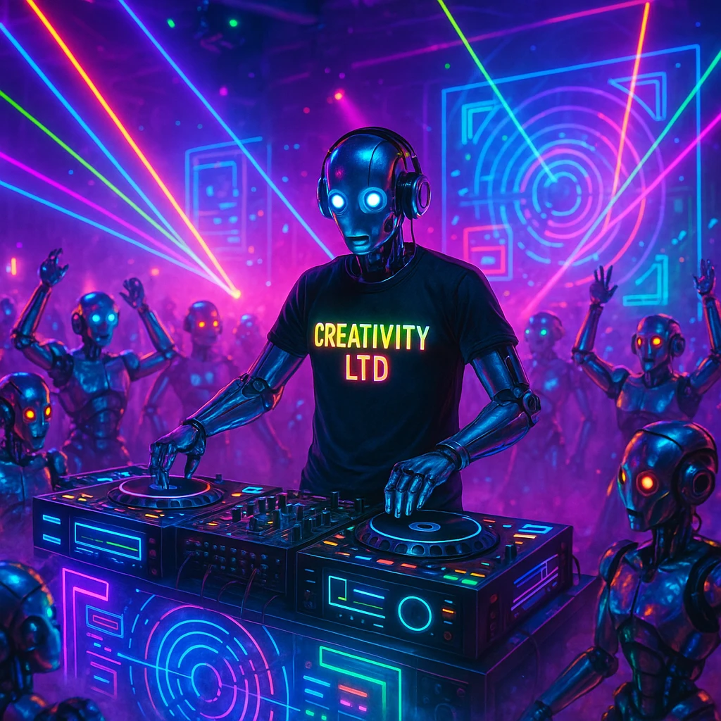 vibrant robot party scene with humanoid robot DJ in black t-shirt with glowing 'CREATIVITY LTD' text, DJ booth surrounded by neon lights, lasers, smoke, metallic robots dancing, holographic displays creating immersive creative atmosphere emoji