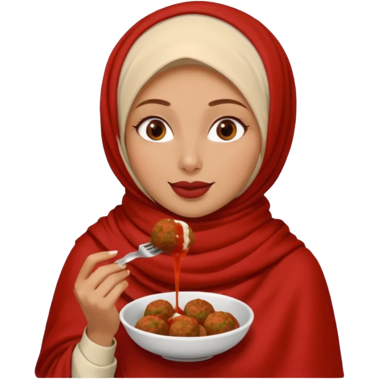 woman wearing a cream colored pashmina hijab eating meatballs emoji