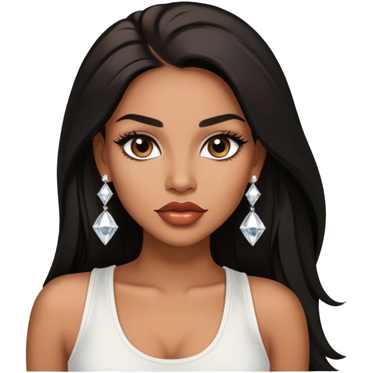 light brown skin tone, very beautiful woman, with big plump lips, long long lashes, black straight long hair, brown eyes, white tank top, diamond stud earrings emoji