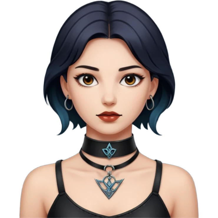 Leather choker with sigil around woman’s neck, pulse visible, dominance tone emoji