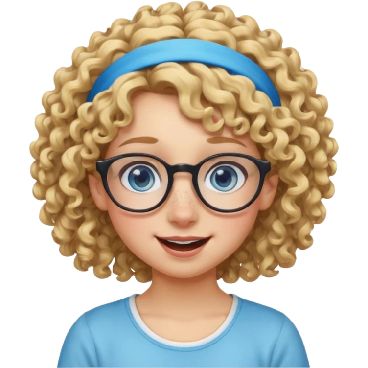 blond kid with unique face features and very curly hair kid girl happy and big glasess and big nose and very blue eyes and headband with freckles emoji
