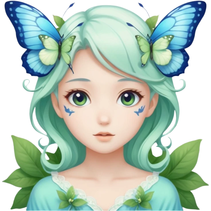 Beautiful pastel white and green and blue fae-butterfly-floral-anime-lady divine gorgeous beautiful with nature background  emoji