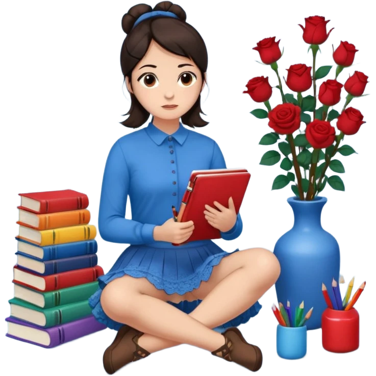 A woman with dark hair, straight and dark brown, styled in two buns, wears a blue long-sleeved shirt and a brown lace ruffled skirt. She holds a crayon in one hand. She sits on the floor with her legs crossed. The floor is covered with five stacks of colorful notebooks and a vase of red roses.  emoji