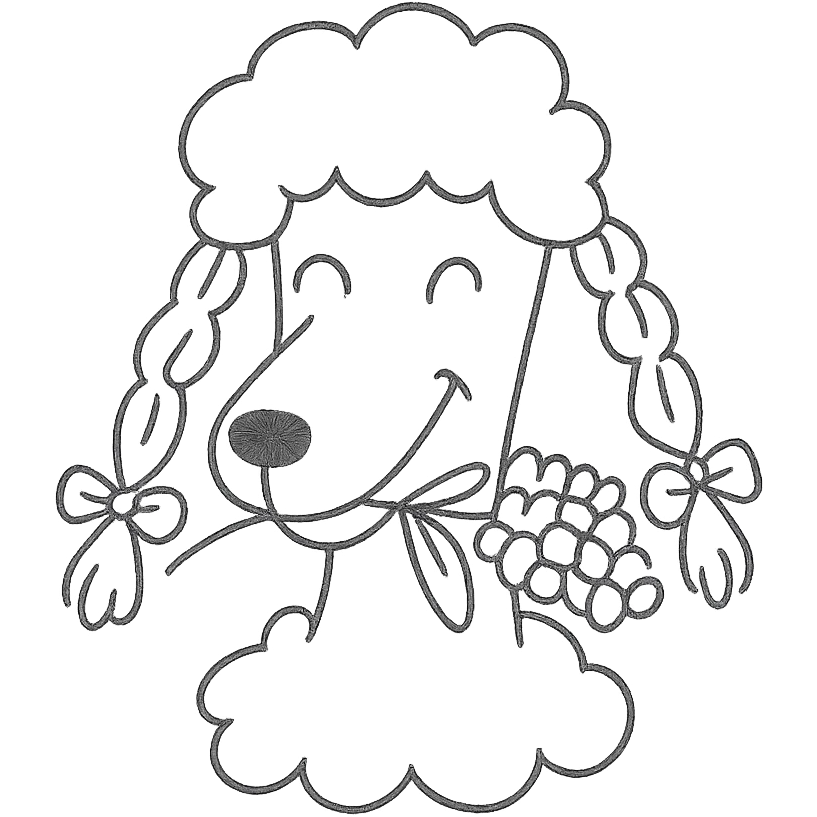 Peach-colored poodle with a narrow, short-haired face, hairstyle like Artemone. Long fluffy ears, each with a thin braid tied with a pink bow at the end. Happy face, smiling. A lilac branch in the mouth. emoji