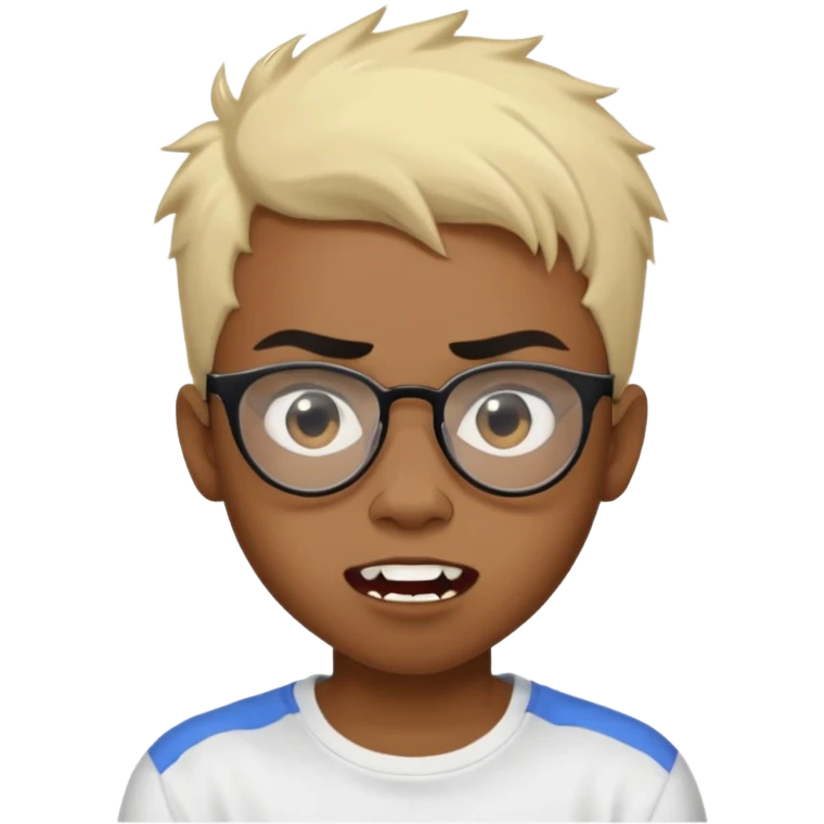 Black Male Teenager with Short punk messy blonde hair, Dark brown bushy eyebrows large expressive golden-brown eyes, wearing a plain white t-shirt, wearing thick black glasses, Dark Brown skin color. vampire tooth emoji