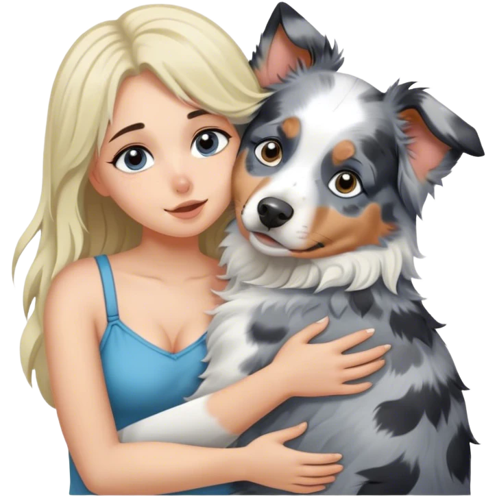 Blue merle Australian shepherd dog cuddling blonde girl emoji