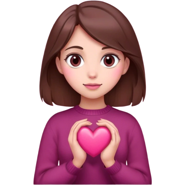A girl with brown hair smiles, gray eyes, wearing a burgundy sweater, holding a pink heart in her hands emoji