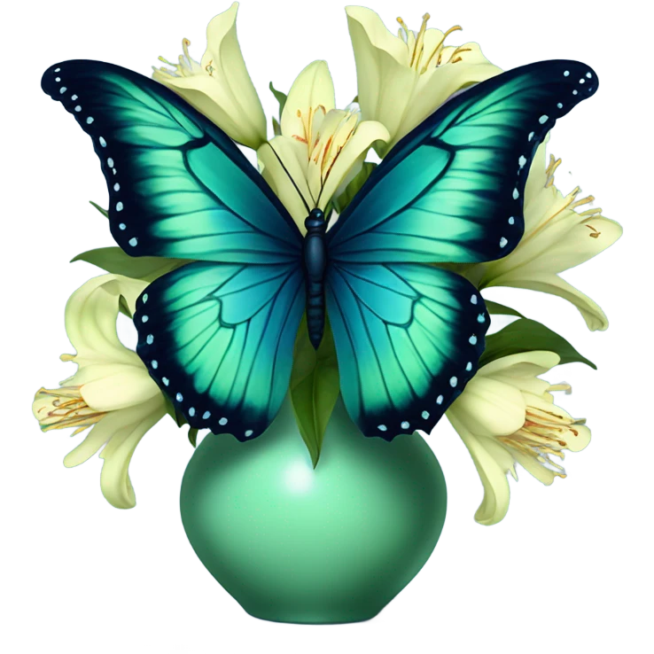 Aesthetic butterfly with blue and green  wings sitting on a dark blue bouquet of Lilies in a pastel green vase emoji