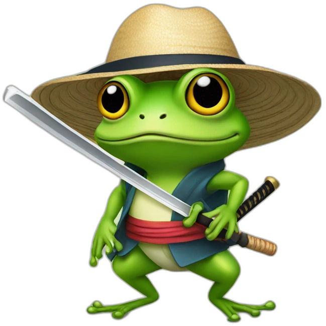 frog wearing a Japanese hat holding a katana emoji