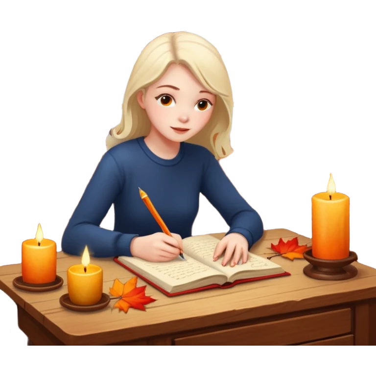 Girl writing in a journal on a desk with a candle on it by a window with fall scenery outside  emoji