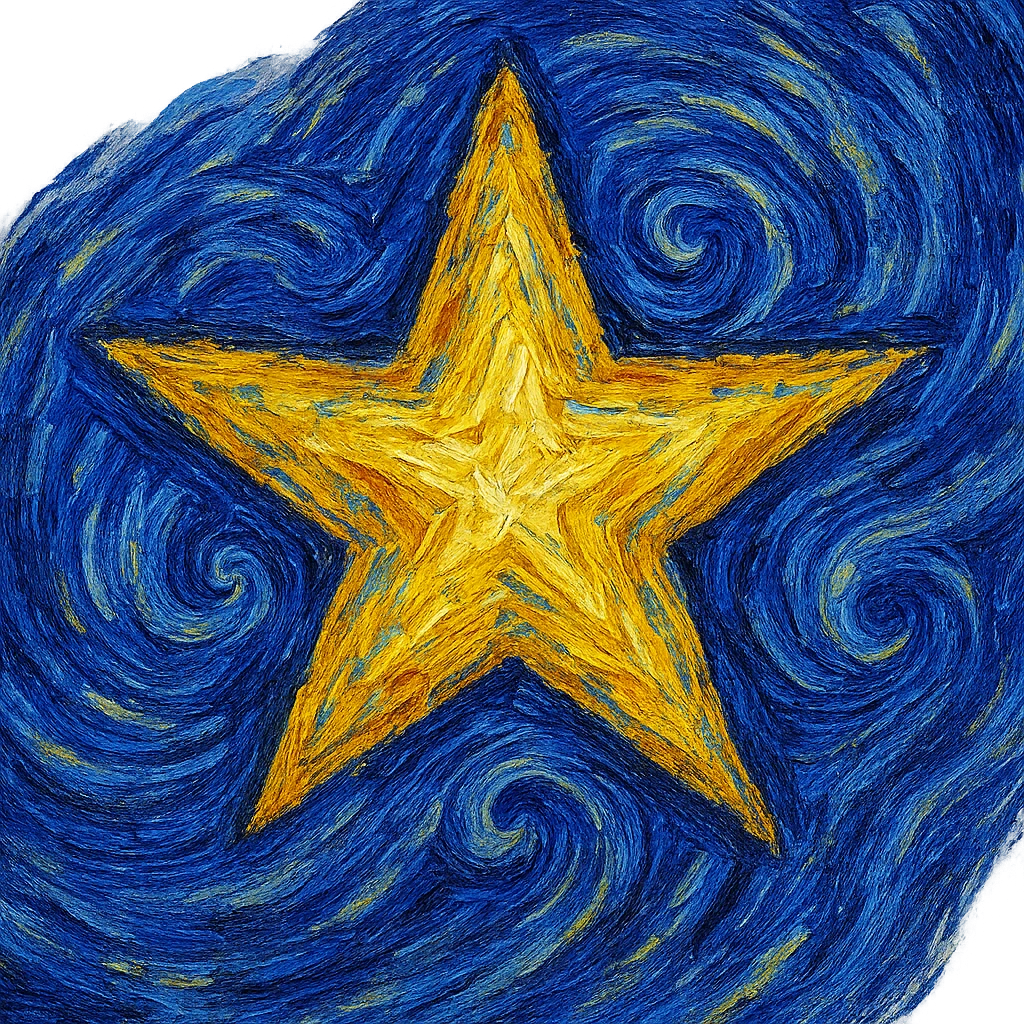 a star in the style of van Gogh's Starry Night, with swirling brushstrokes and vibrant colors, post-impressionist style, expressive lines, thick impasto texture, blue-yellow palette, bold color contrasts, swirling night sky patterns emoji