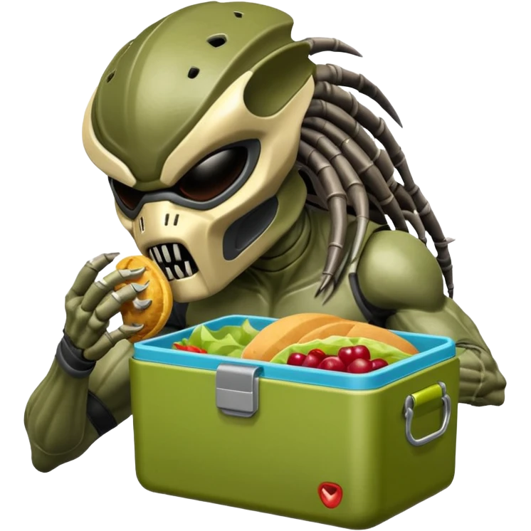 The predator with mask eating from a lunchbox, the setting should not be cartoon like. emoji