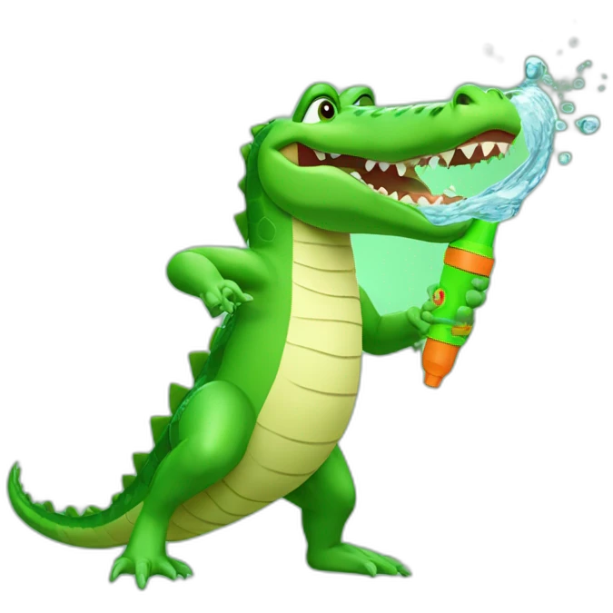 crocodile with green water gun in hand and water comes out of it emoji