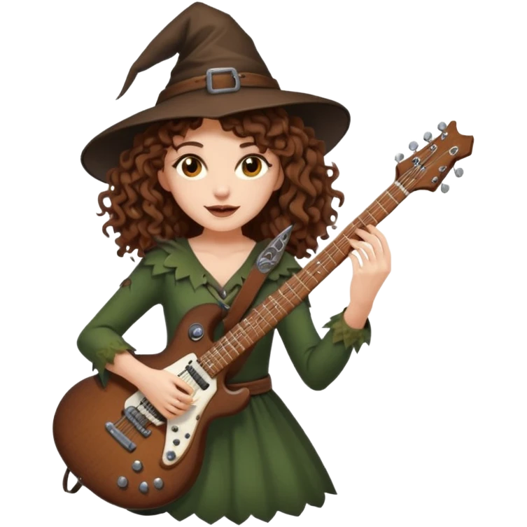 Brown eyes, brown hair curly forest witch playing electric guitar emoji