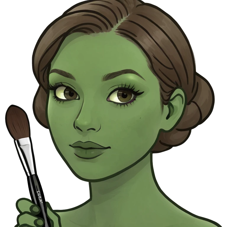 Aesthetician with brown hair, holding a makeup brush emoji