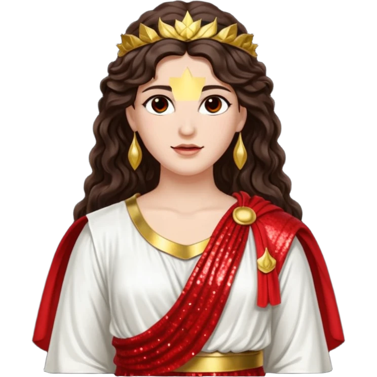 Libertas, Goddess of Freedom from Roman Deities with long dark brown wavy hair, white and red sequin toga emoji