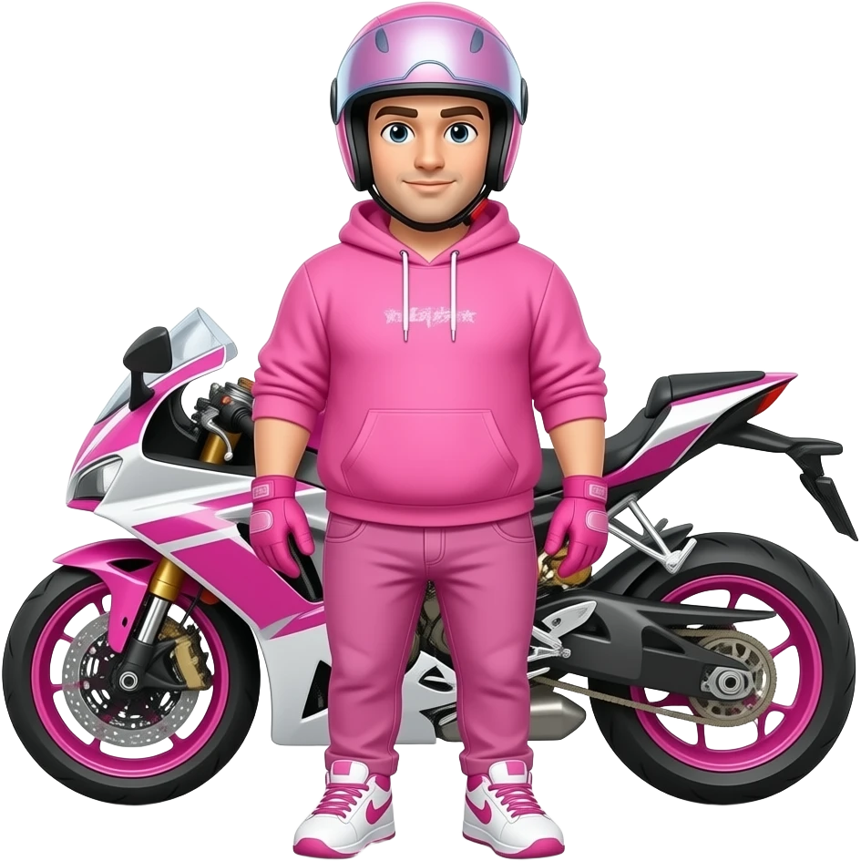 young full-figured man with pink jeans and a pink hoodie wearing white pink sneakers and pink gloves, also he wears a pink motorcycle helmet with vision and stands in front of a pink white motorcycle emoji