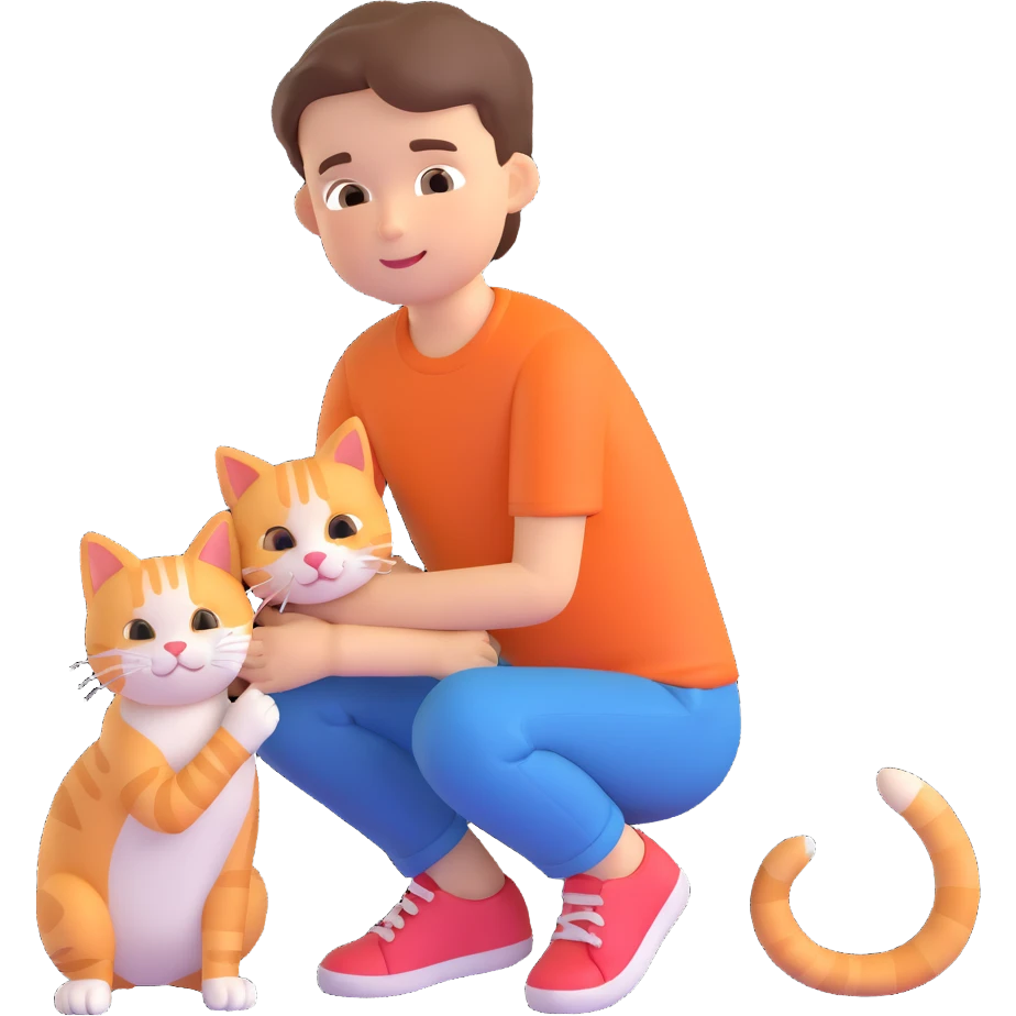 boy and cat pet in forrest background, close up pose emoji