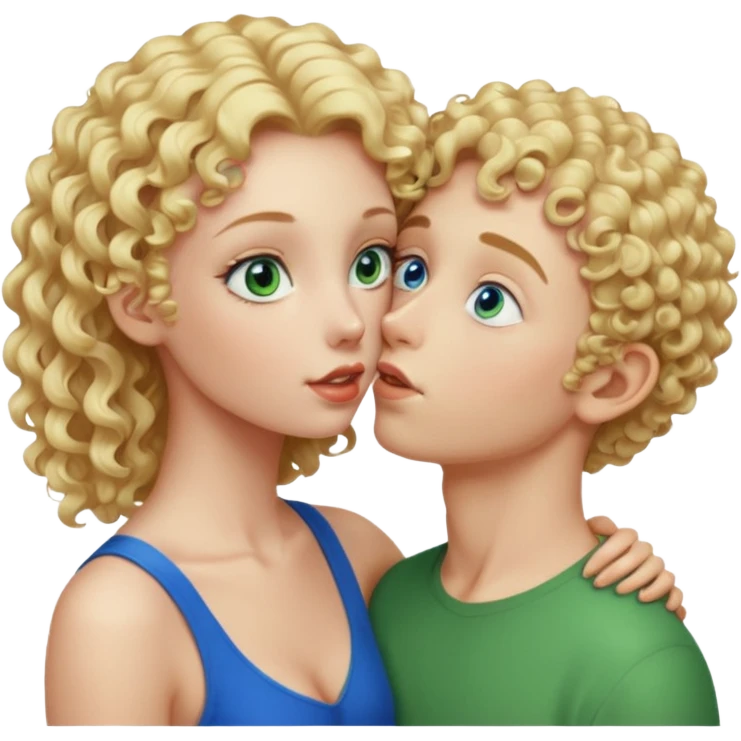 Tall curly blonde girl blue eyes pale kissing hairless boy with green eyes  emoji