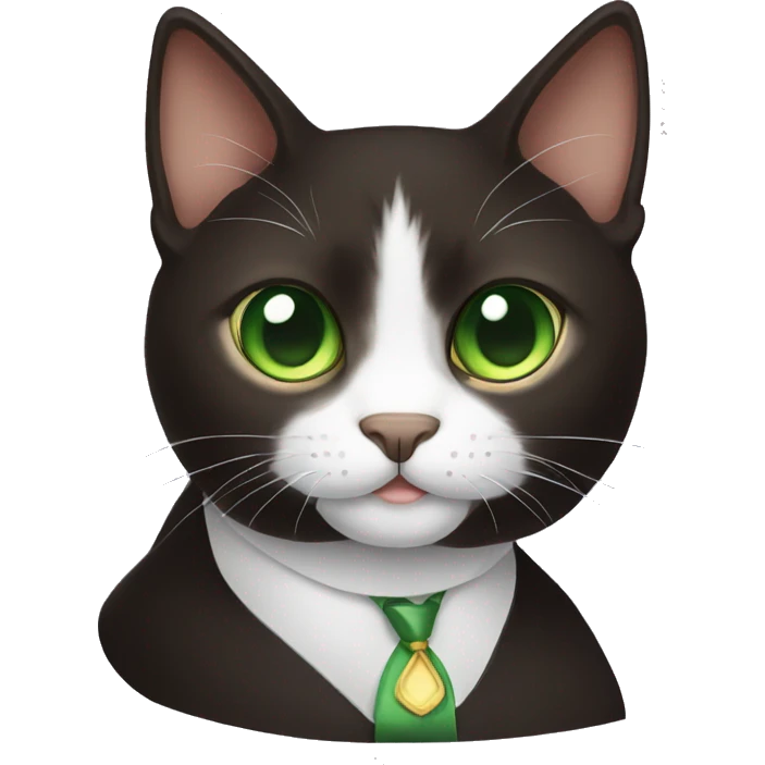 Dark brown Tuxedo cat with green eyes emoji