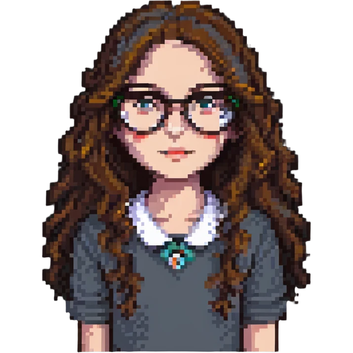 girl with long wavy brown hair wearing glasses pixel art emoji