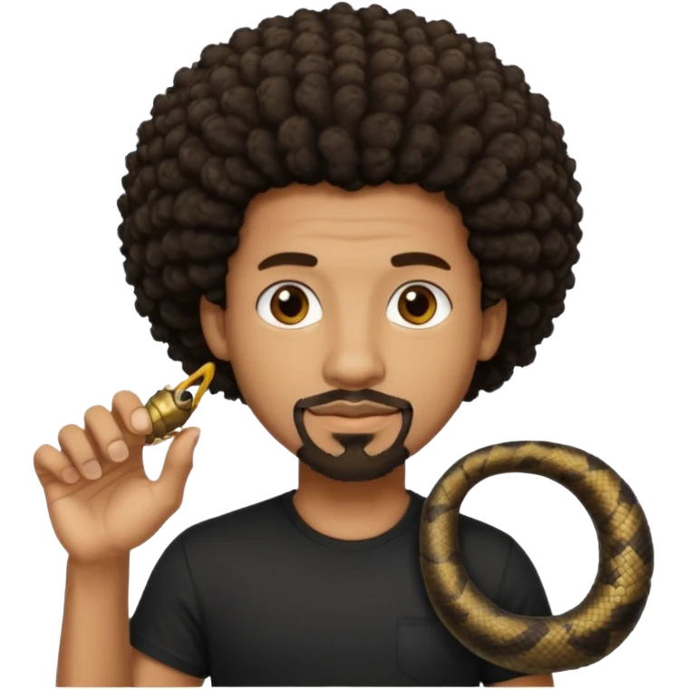 Homme noir, yeux marron avec un bouc sans la moustache, cheveux court et bouclé crépus avec un dégradé sur le côté, avec un cobra à côté , t-shirt noir  emoji