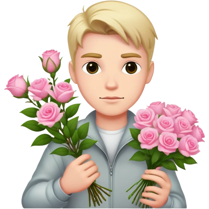 A cool bad boy with fair skin holding a bouquet of pink jasmine roses emoji