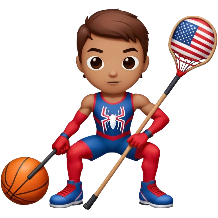 Spider-Man with an American flag holding a basketball and hockey stick emoji