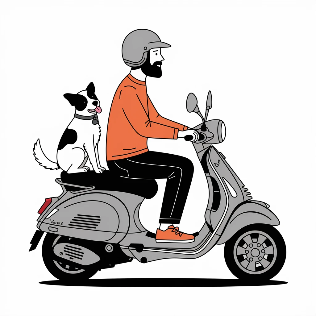 man and his pet dog riding a vespa emoji