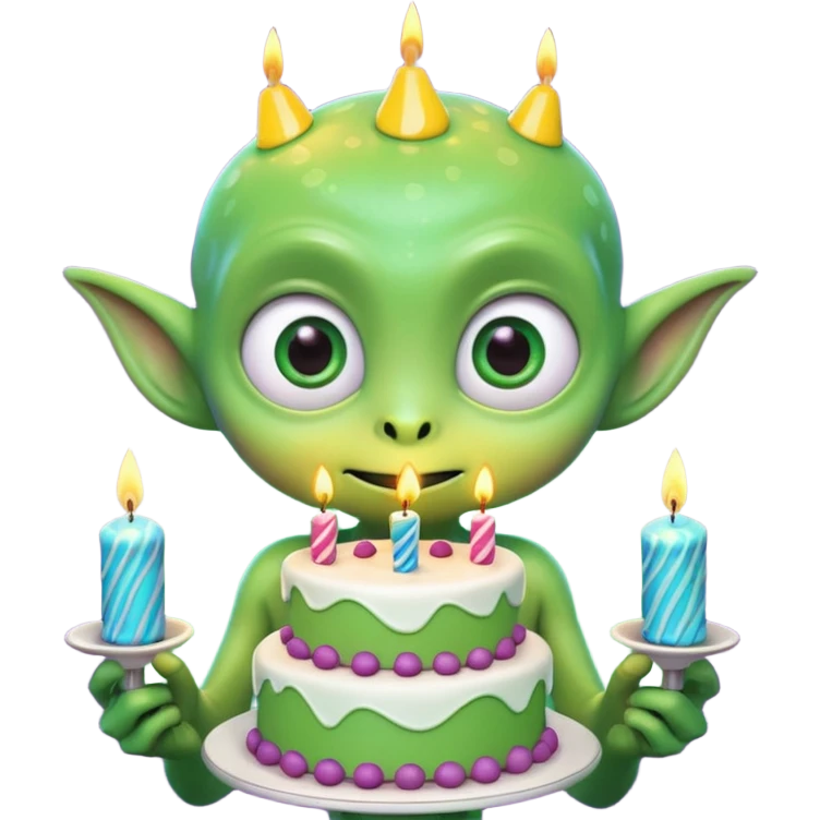 A cute friendly alien holding a birthday cake with candles, big expressive eyes, bright colors, cartoon style, playful atmosphere, 3D animated look, Pixar-inspired, highly detailed
 emoji