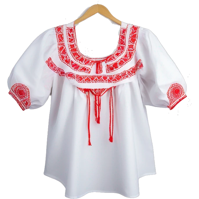  Blouse vyshyvanka, white with red round embodiary on sleeves emoji