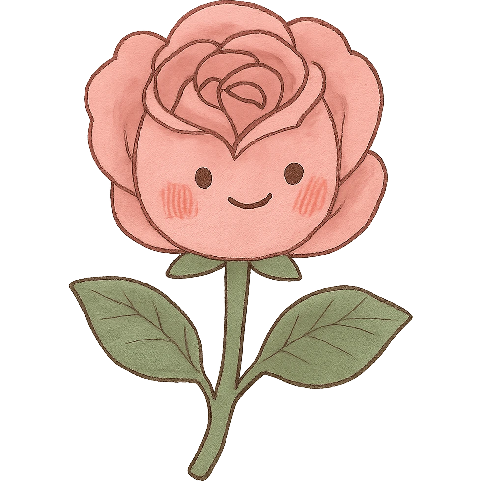 soft pink rose blossom, Japanese kawaii hand-drawn, full object, transparent background, with blushing cheeks emoji