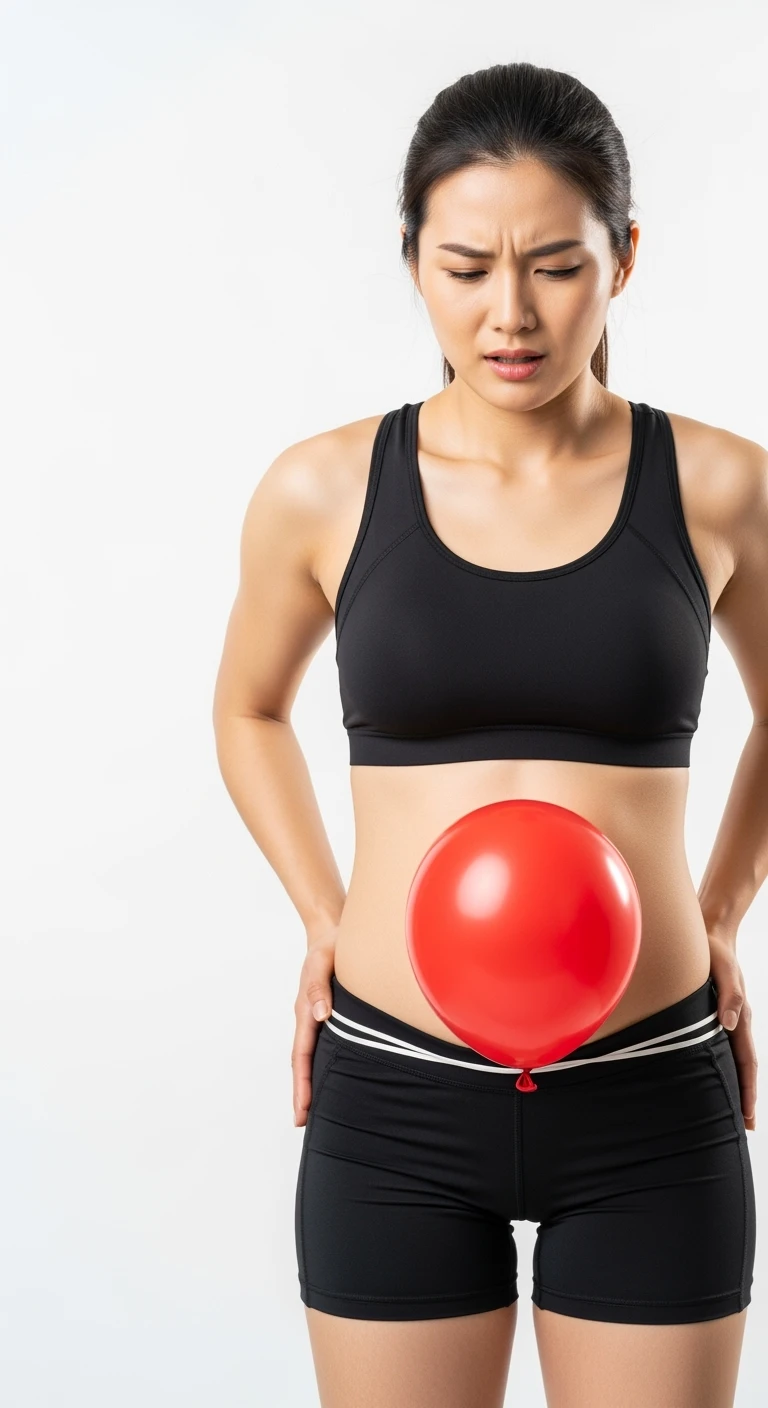 DONNA FITNESS CON PANCIA GONFIA, PALLONCINO ROSSO SULLA PANCIA ED ESPRESSIONE DI DOLORE IN VOLTO, iperrealistico 4k, ISOLATA SU SFONDO BIANCO emoji