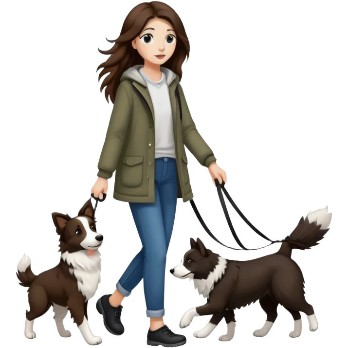 A beautiful girl with long brown hair walks a black and white Border Collie emoji