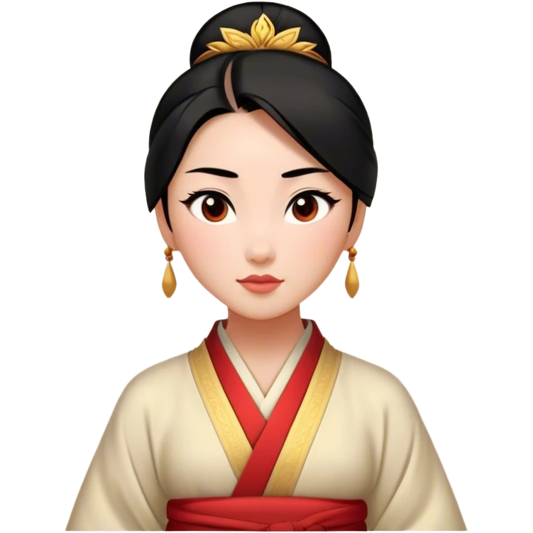 Cinematic Elegant Mulan Portrait Emoji, rendered in a realistic, vector-style with minimal shading and bold, simplified shapes. Depict Mulan (chest and above) with warm, light-toned skin, almond-shaped eyes, and sleek black hair styled in a traditional bun. She wears a modest, traditional robe with subtle red and gold accents, glowing with a soft, refined radiance and high shine, capturing timeless beauty and inner strength. emoji