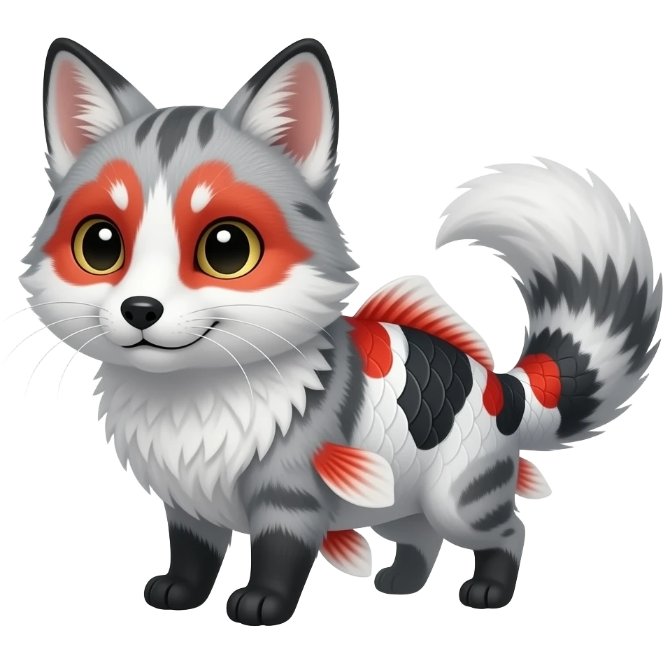 White, black, red, Koi-fish-silver-fox with thick fleshy catfish-whiskers, furry, cute realistic oriental, Japanese painted marked patterned fish-tailed emoji