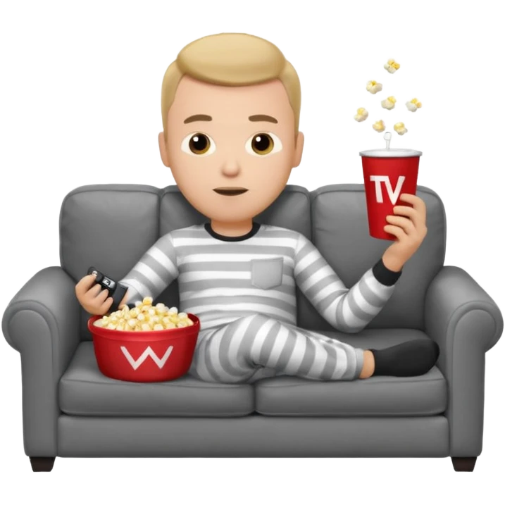 male memoji, lazy man in pajamas, lying on couch, holding TV remote, relaxed face, casual home vibe, popcorn bucket, watch tv emoji