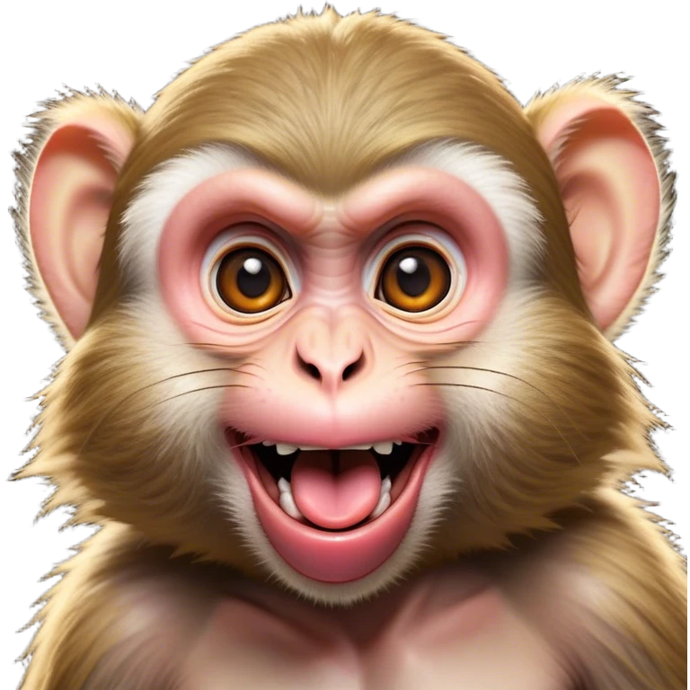 Cinematic Silly Macaque Portrait Emoji, Sporting a comically contorted face with crossed eyes and a tongue playfully sticking out, set against a backdrop of soft, detailed fur and a dynamic, agile build, Simplified yet humorously expressive features, highly detailed, glowing with a warm, jovial glow, high shine, exuberantly playful and cheeky, stylized with an air of quirky primate humor, soft glowing outline, capturing the essence of a silly macaque that appears ready to burst out of the screen with contagious laughter! emoji