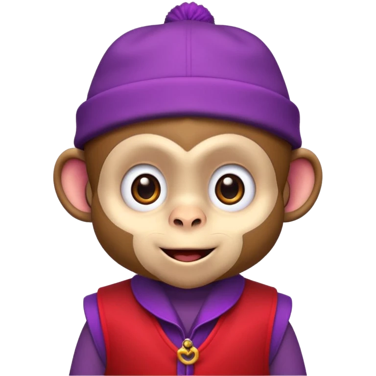 Cute monkey inspired by Abu from Aladdin, big expressive eyes, purple vest, red fez hat, mischievous grin. Emoji-style, bold outlines, bright colors, centered face on transparent background, high quality, vector style. emoji