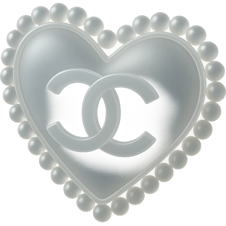 Keep the Chanel-inspired heart in metallic silver with a pearl border and interlocking C's, elegant and classic, with no background. emoji