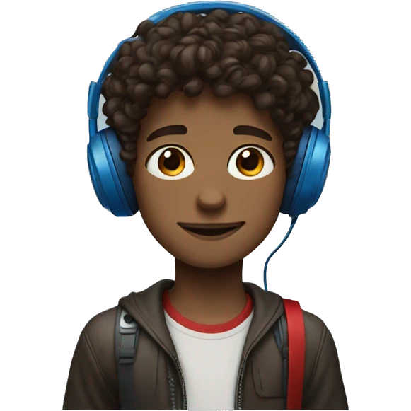a young boy with headphones red and blue an dark brown curly hair and brown eyes and an small hoop eaing emoji