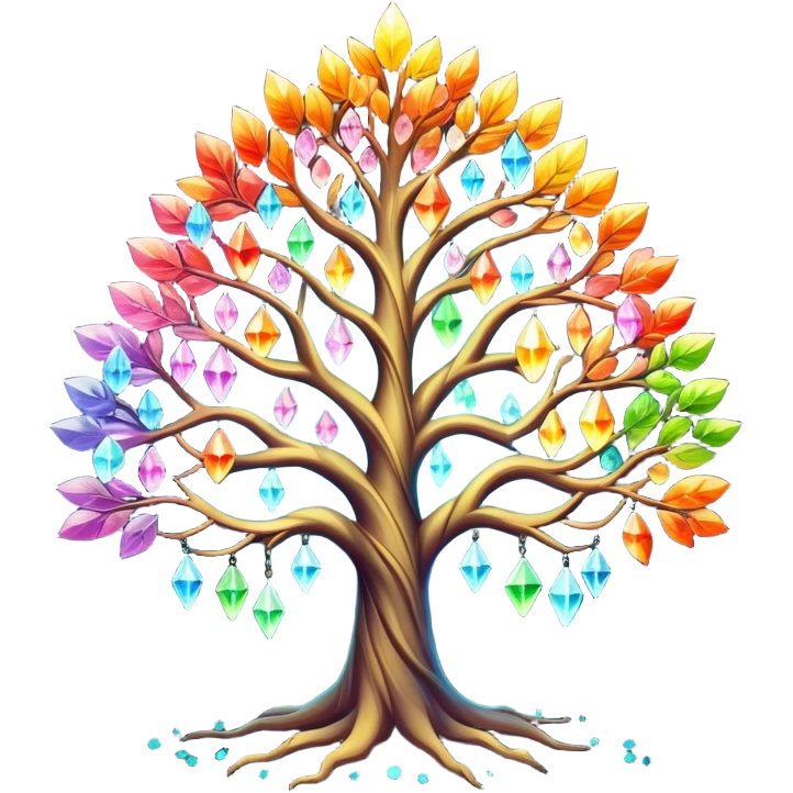 Spiritual magical ethereal colorful tree with crystals hanging in it emoji