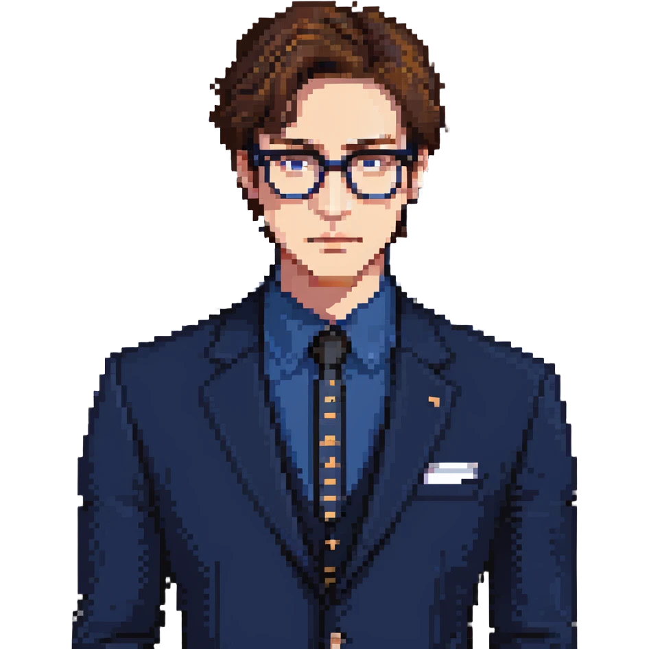Flat pixel art, focused and reserved male architect, American, Caucasian features, short sleek brown hair, wearing glasses, intense sharp eyes, wearing a deep indigo suit jacket over a black shirt, holding a blue print, waist-up, front-facing emoji