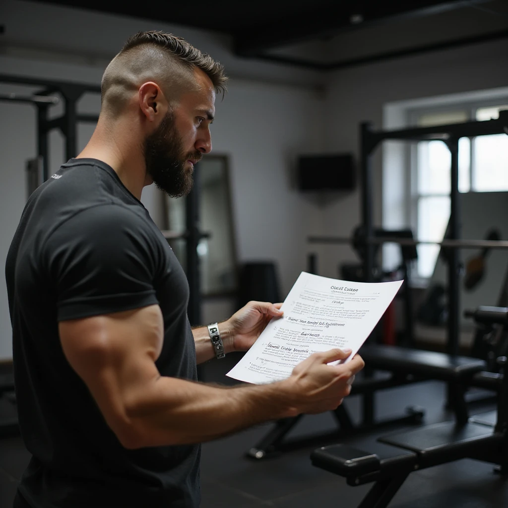 Bodybuilding coach explaining a simple cycle start protocol, holding a sheet with readable text: 'Ciclo base: testosterone enantato 250 mg/settimana, 8 settimane, protezione: tamoxifene 10 mg/die'. Gym environment, hyperrealistic 4K details. emoji