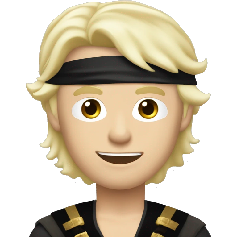 Pale skinned straight platinum blonde hair prince wearing black clothes wearing pirate eye patch but he’s a prince emoji
