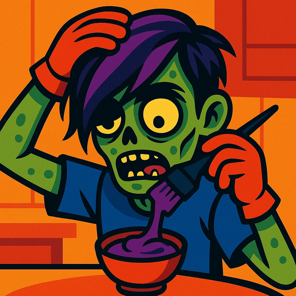 zombie boy with emo hairstyle dyeing his hair, expressive, detailed, vibrant colors emoji